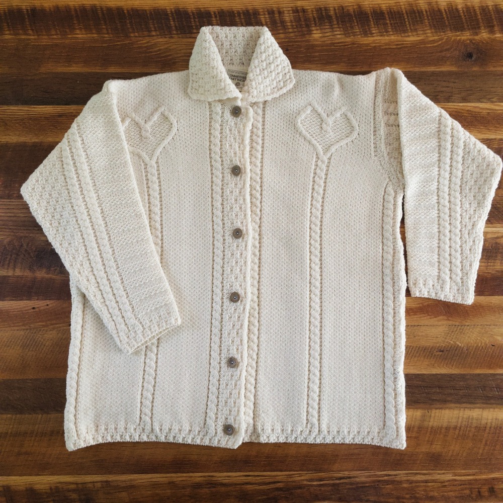 VTG Connemara Knitwear Women's Fisherman Cardigan XL Cream Merino Cable Ireland